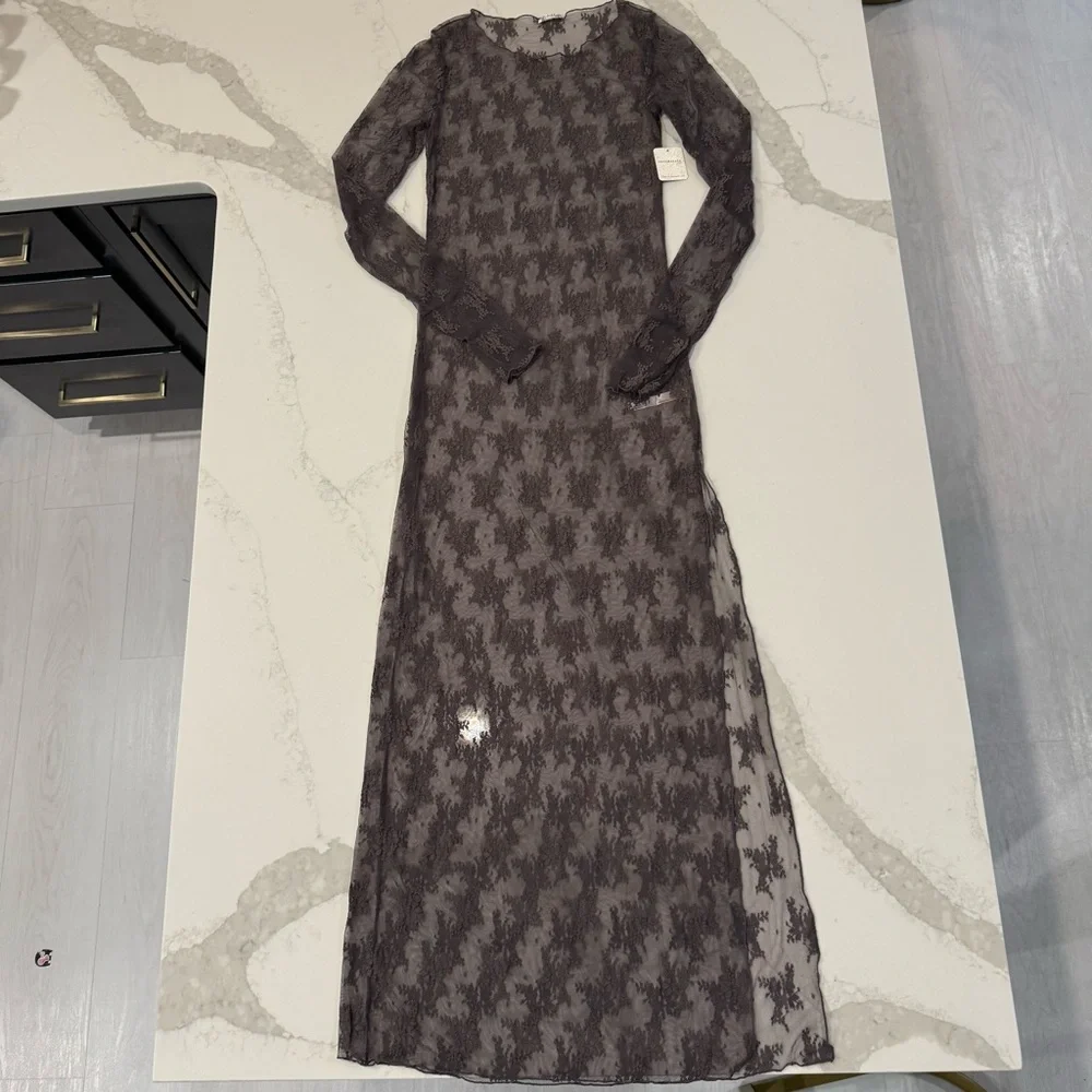 Free People NWT Lady Lux Maxi Sheer Lace Slip Dress Womens Medium Dark Gull Gray - Picture 2 of 10